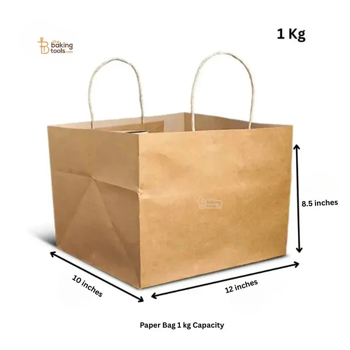 Brown paper bag with dimensions and capacity label on a white background