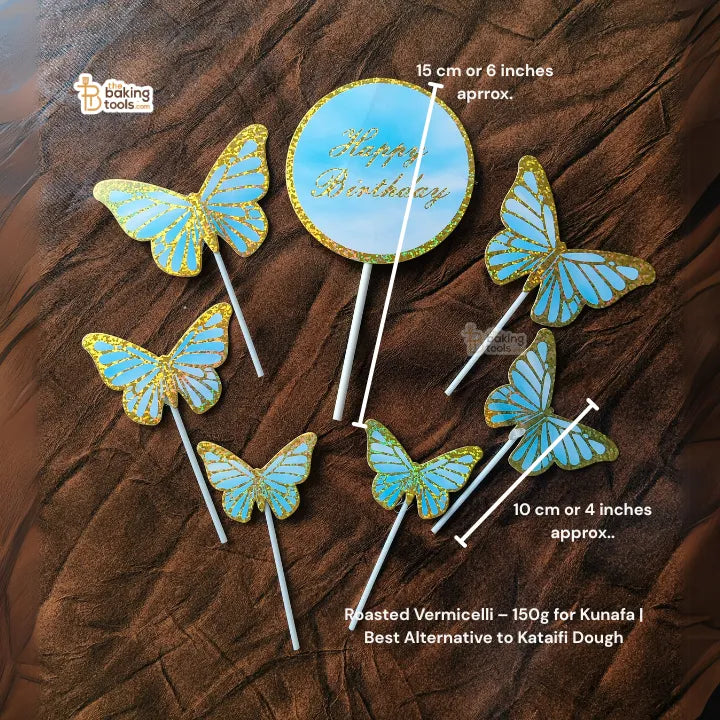 Paper Happy Birthday Cake Topper Butterfly Set – Gold Edge with Blue Butterflies - 002