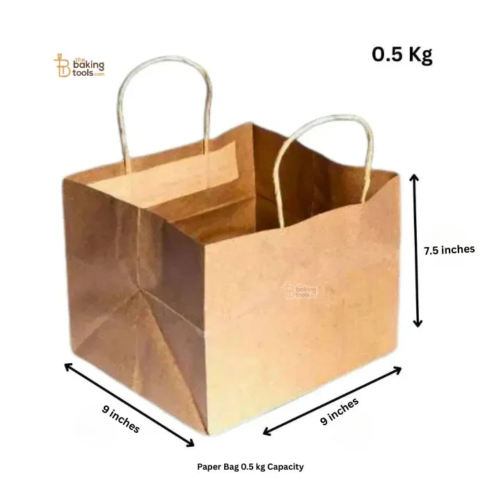 Brown paper bag with handles and dimensions labeled on a white background