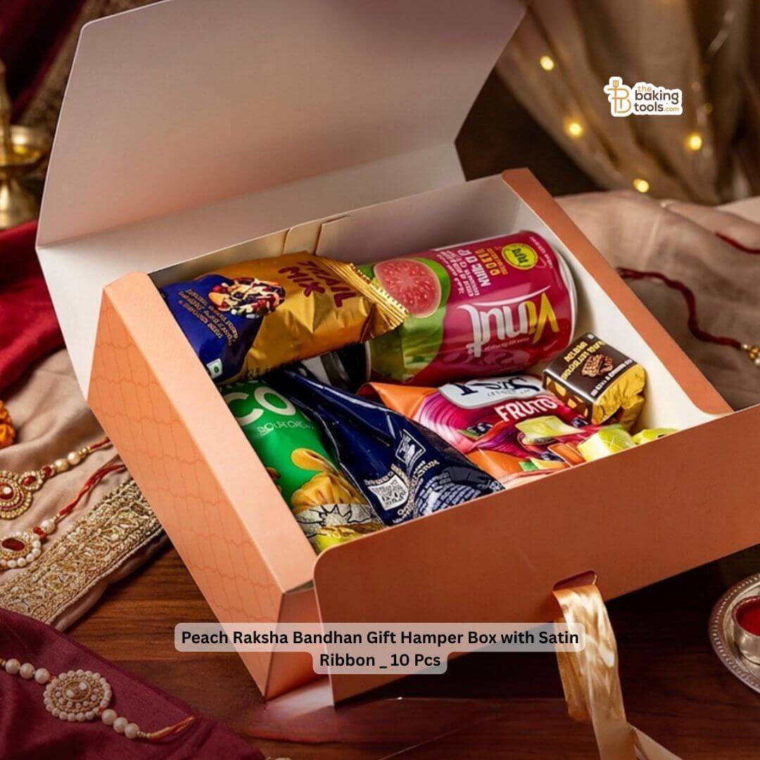 Peach Raksha Bandhan Gift Hamper Box with Satin Ribbon _ 10 Pcs