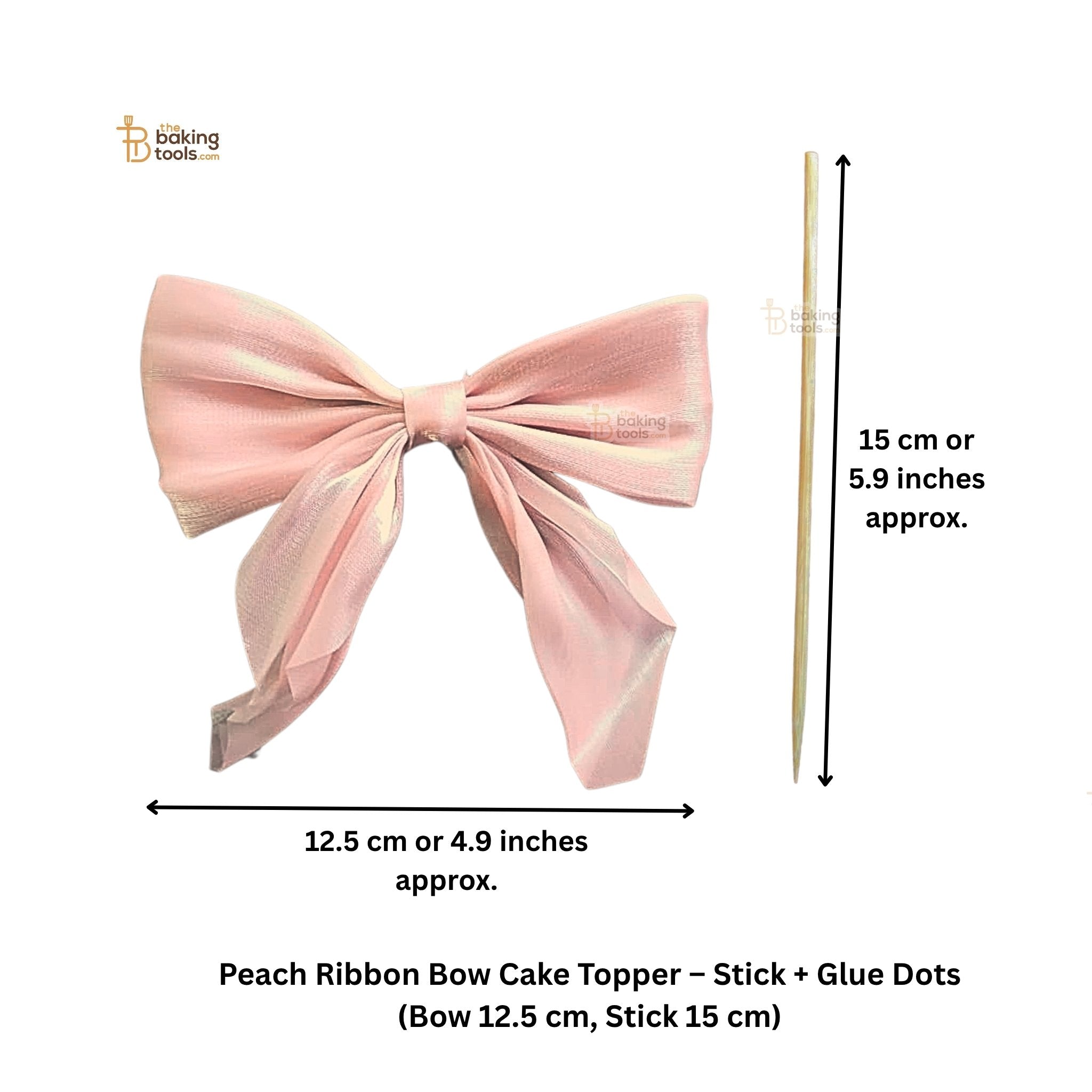 Peach ribbon bow cake topper with dimensions and stick length on a white background