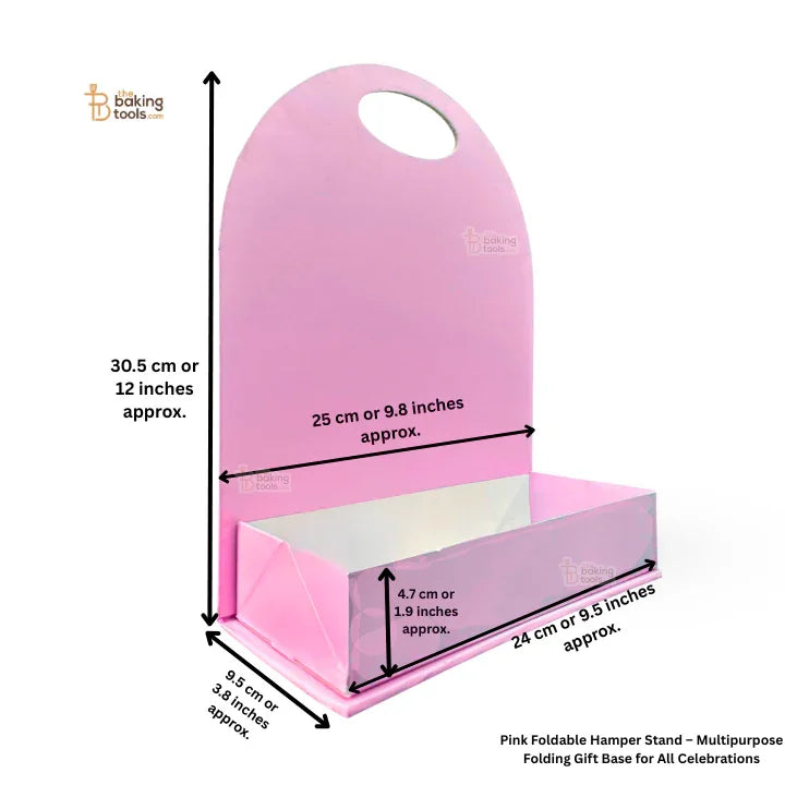 Pink foldable hamper stand with dimensions on a white background