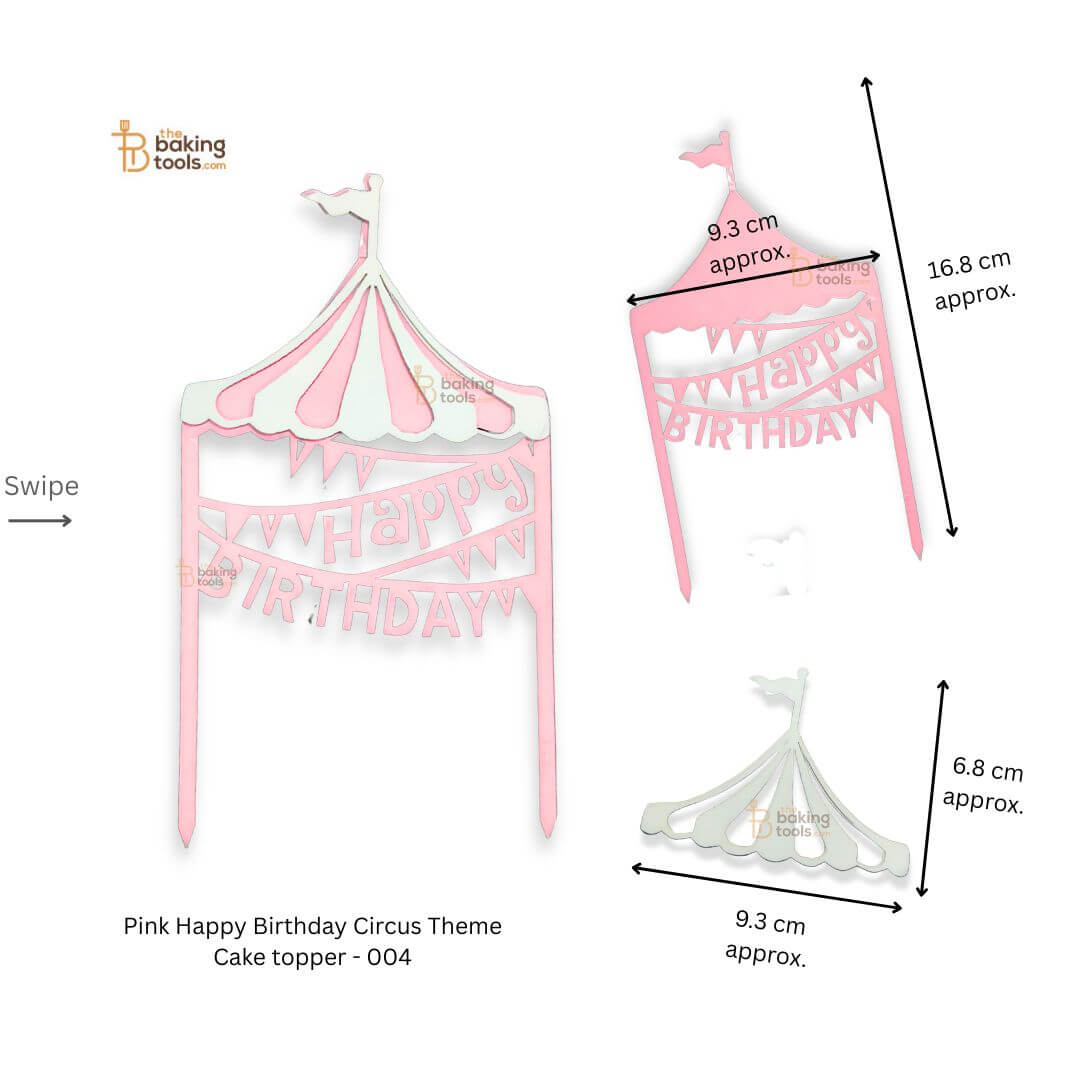 Pink Happy Birthday Circus Theme Cake topper - 004 with dimensions