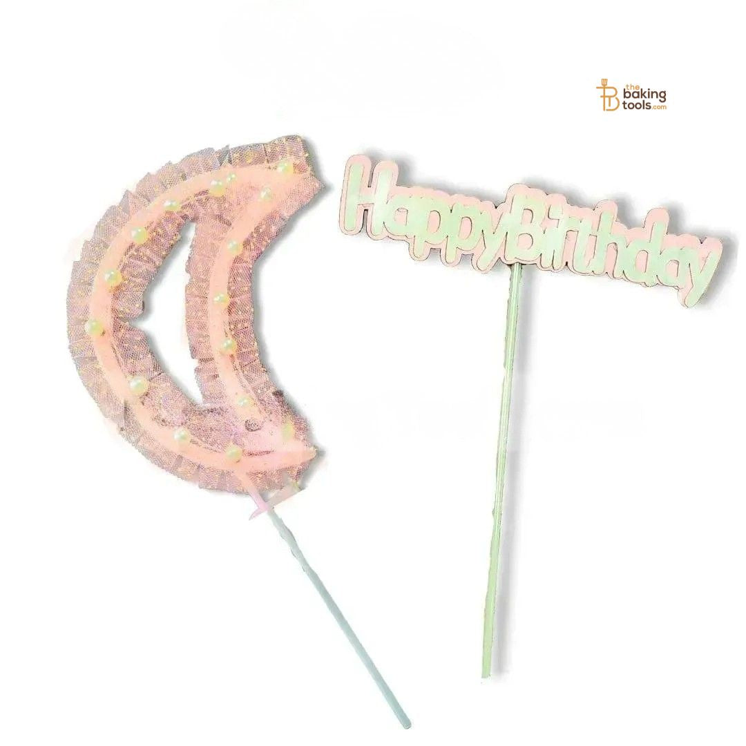 Pink Happy Birthday with Moon Cake Topper