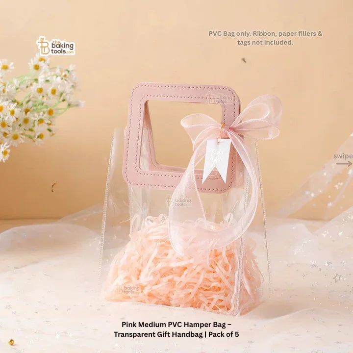 Pink Medium PVC Hamper Bag – Transparent Gift Handbag | Pack of 5