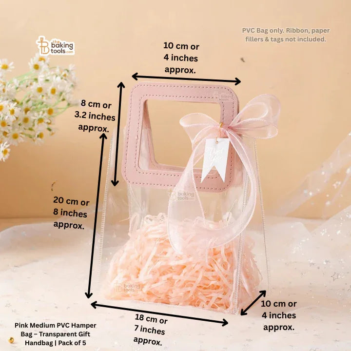 Pink medium PVC hamper bag with dimensions and details on a beige background