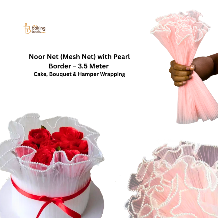 Pink Noor Net (Mesh Net) with Pearl Border – 3.5 Meter | Cake, Bouquet & Hamper Wrapping