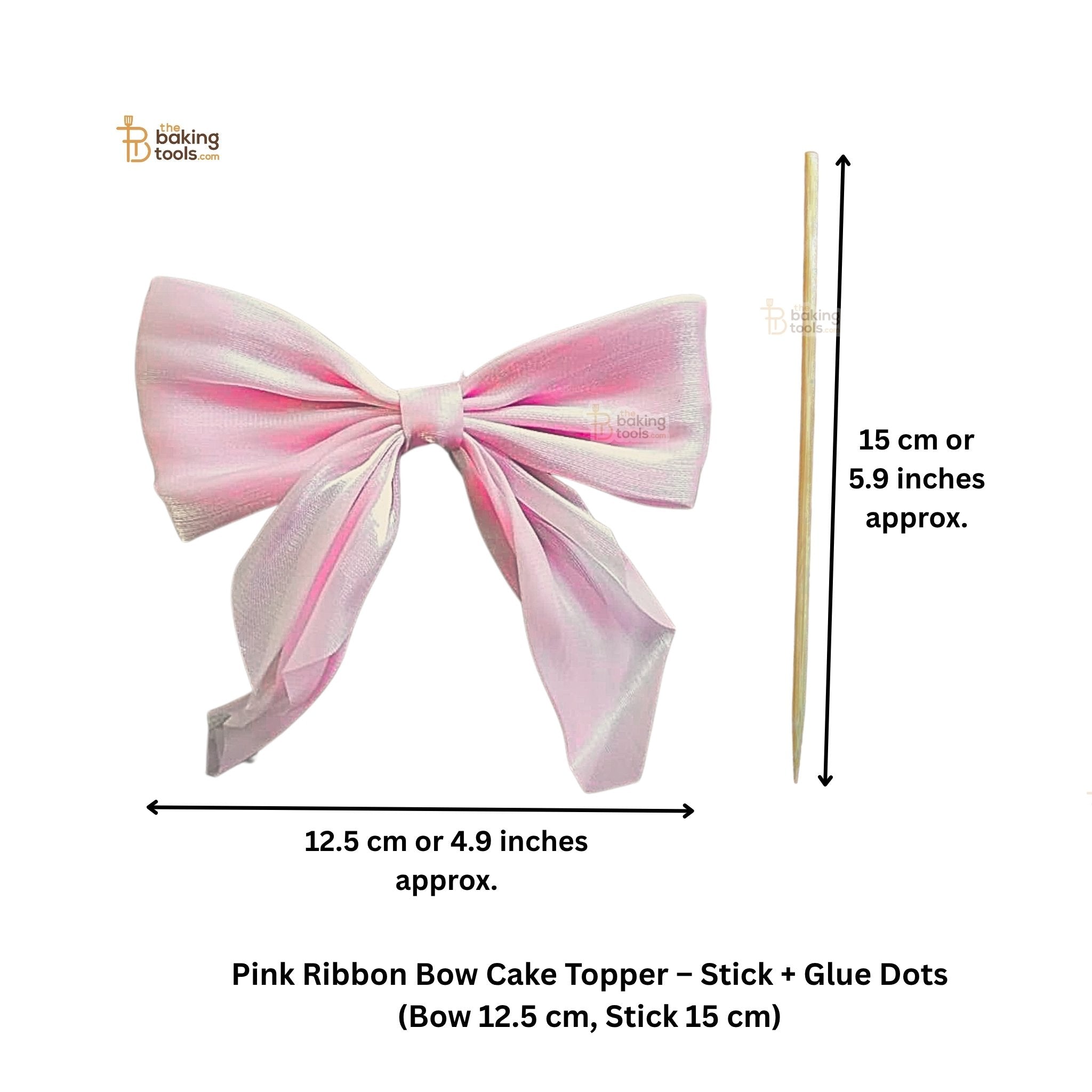 Pink ribbon bow cake topper with stick and glue dots, showing dimensions on a white background.