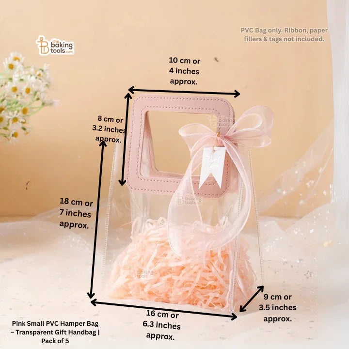Measurement chart of a pink small PVC hamper bag with dimensions labeled.