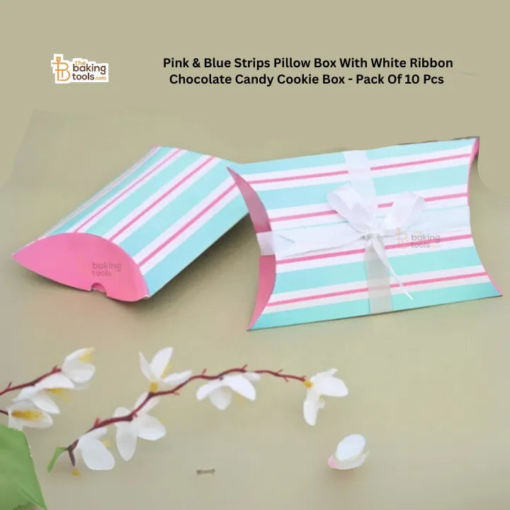 Pink & Blue Strips Pillow Box With White Ribbon Chocolate Candy Cookie Box (Pack of 10) #1643 A - thebakingtools.com