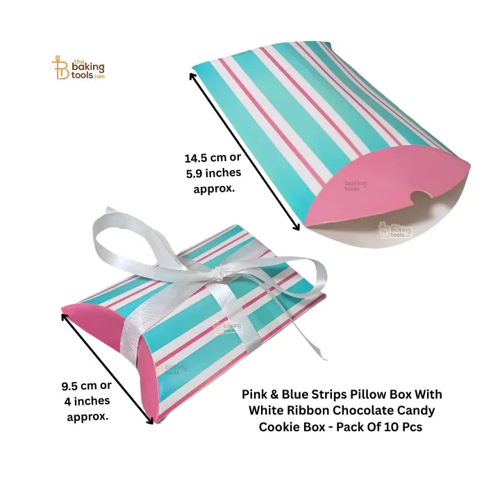 Pink & Blue Strips Pillow Box With White Ribbon Chocolate Candy Cookie Box (Pack of 10) #1643 A - thebakingtools.com