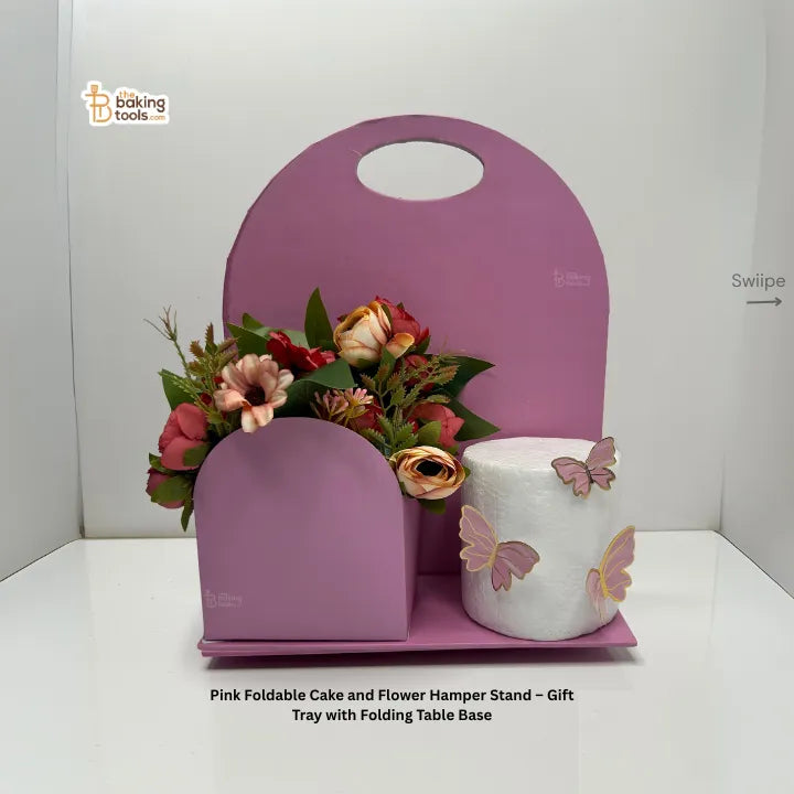 Pink Foldable Cake and Flower Hamper Stand – Gift Tray with Folding Table Base