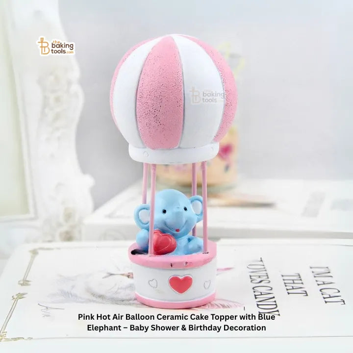 Pink Hot Air Balloon Ceramic Cake Topper with Blue Elephant – Baby Shower & Birthday Decoration