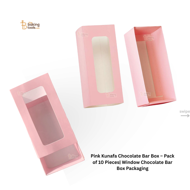 Pink Kunafa chocolate bar boxes with clear window on a white background