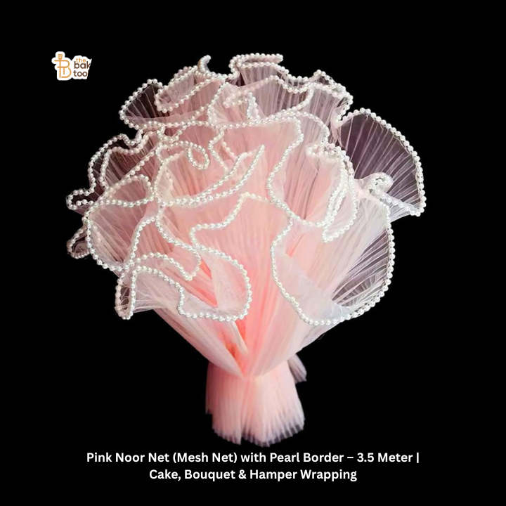 Pink Noor Net (Mesh Net) with Pearl Border – 3.5 Meter | Cake, Bouquet & Hamper Wrapping