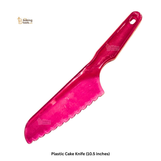 Pink plastic cake knife on a white background. The Product is actually going to be random in colour, image if for representation purposes. PlasticCakeKnife_10.5inches by The Baking Tools