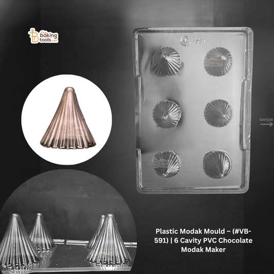 Plastic modak mould with six cavities and a close-up of a modak on a dark background.