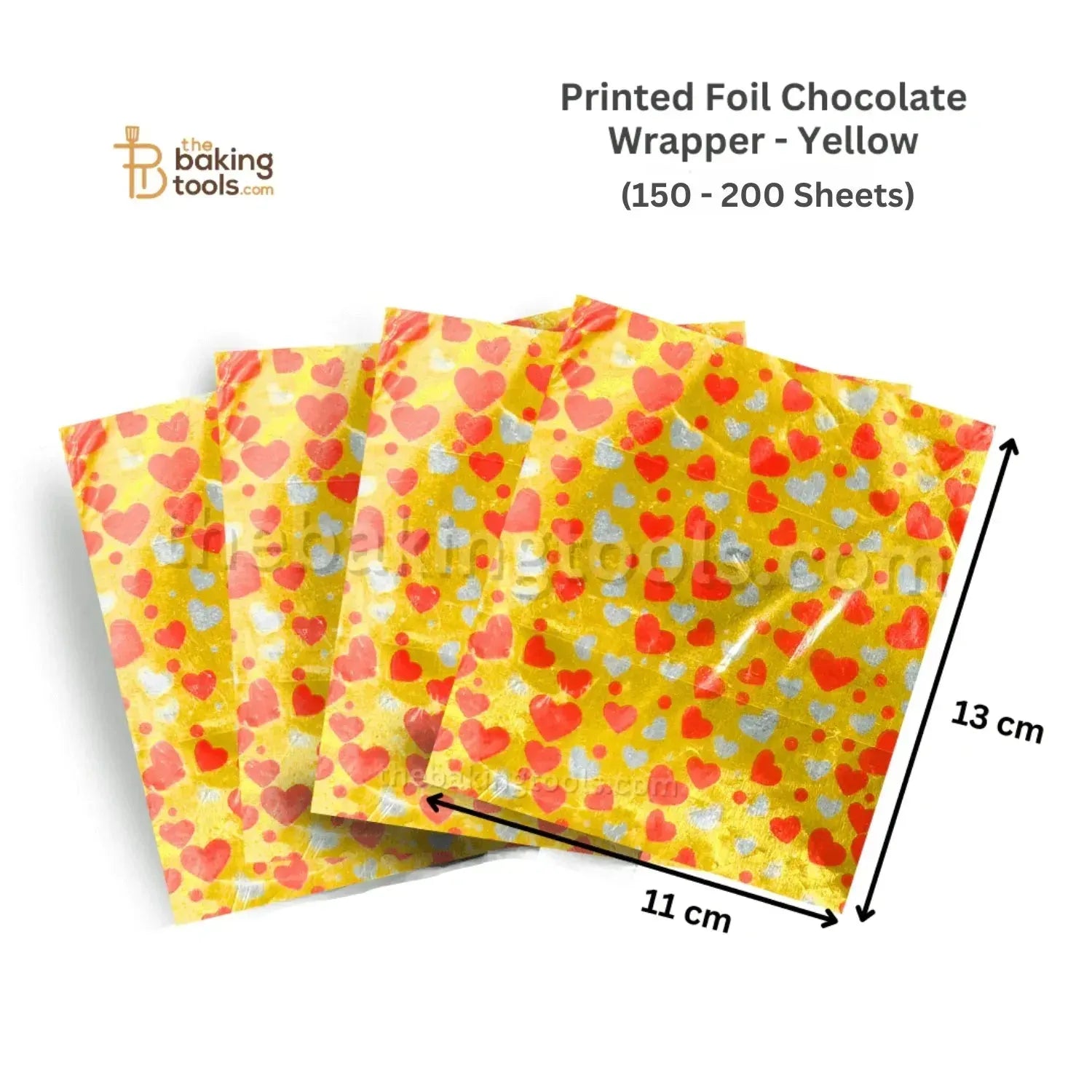 Printed Foil Chocolate Wrapper | 13 x 11 cm | Yellow (Heart Design) - thebakingtools.com
