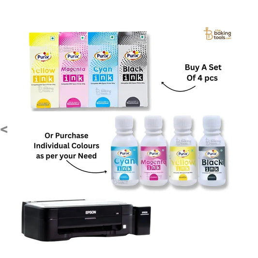 Purix Edible Colour Ink - Buy Individual Colours or 4 Bottle Set (Cyan, Black, Magenta, Yellow) - thebakingtools.com