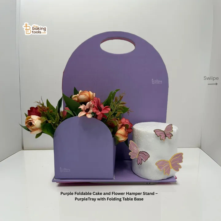 Purple Foldable Cake and Flower Hamper Stand – Gift Tray with Folding Table Base