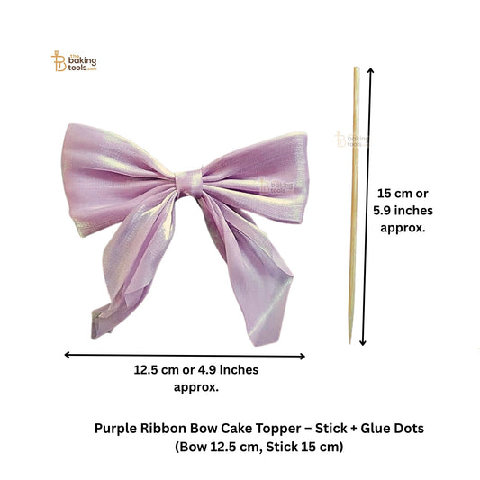 Purple ribbon bow cake topper with measurements on a white background