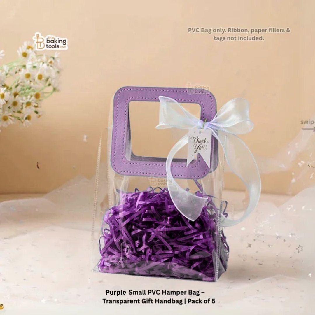 Purple Small PVC Hamper Bag – Transparent Gift Handbag | Pack of 5