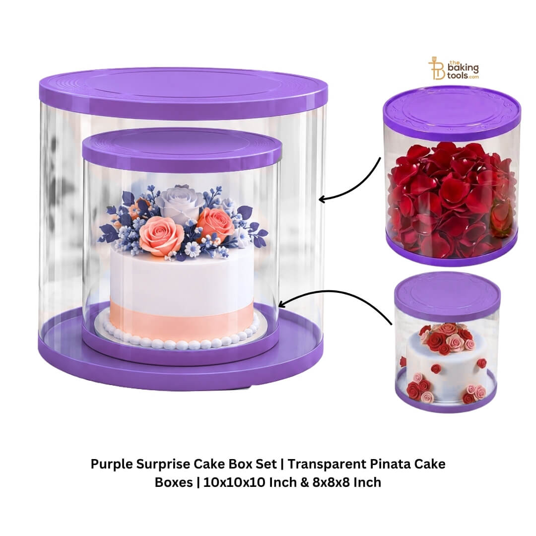 Purple Surprise Cake Box Set | Transparent Pinata Cake Boxes | 10x10x10 Inch & 8x8x8 Inch