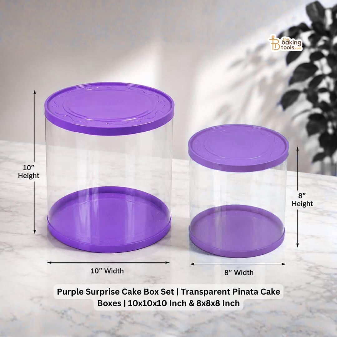 Purple Surprise Cake Box Set | Transparent Pinata Cake Boxes | 10x10x10 Inch & 8x8x8 Inch iwth measurments