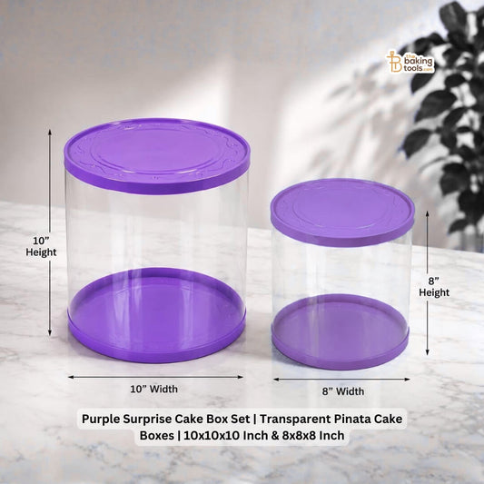 Purple Surprise Cake Box Set | Transparent Pinata Cake Boxes | 10x10x10 Inch & 8x8x8 Inch iwth measurments