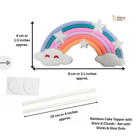 Rainbow cake topper with stars and clouds, sticks, and glue dots with measurements
