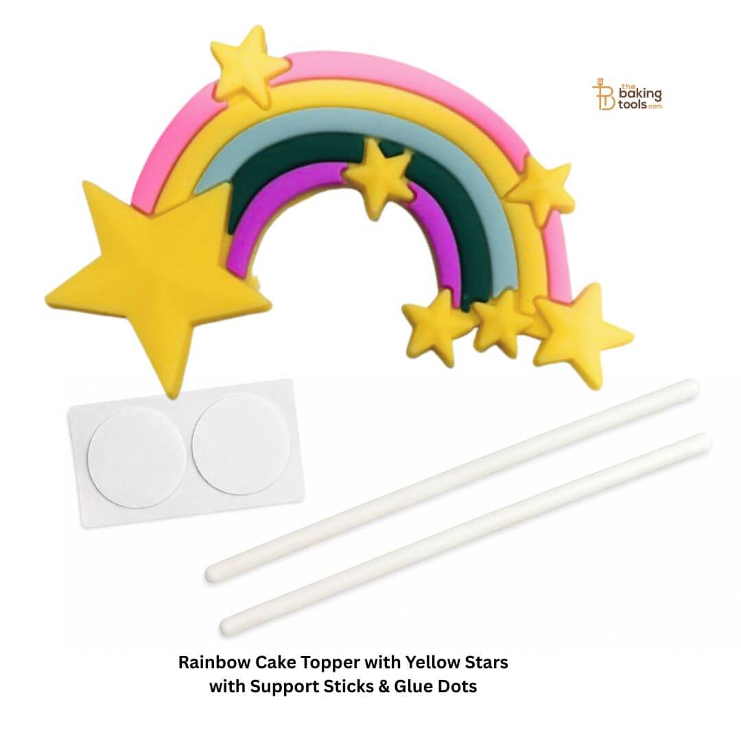 Silicon Rainbow Cake Topper with Yellow Stars with Support Sticks & Glue Dots