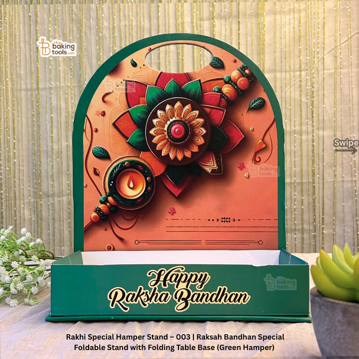 Rakhi Special Hamper Stand – 003 | Raksah Bandhan Special Foldable Stand with Folding Table Base (Green Hamper)