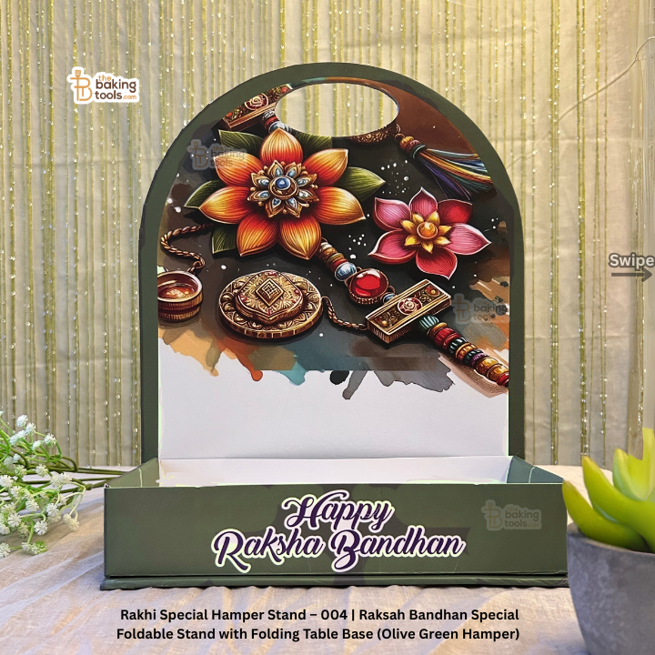 Rakhi Special Hamper Stand – 004 | Raksah Bandhan Special Foldable Stand with Folding Table Base (Olive Green Hamper)