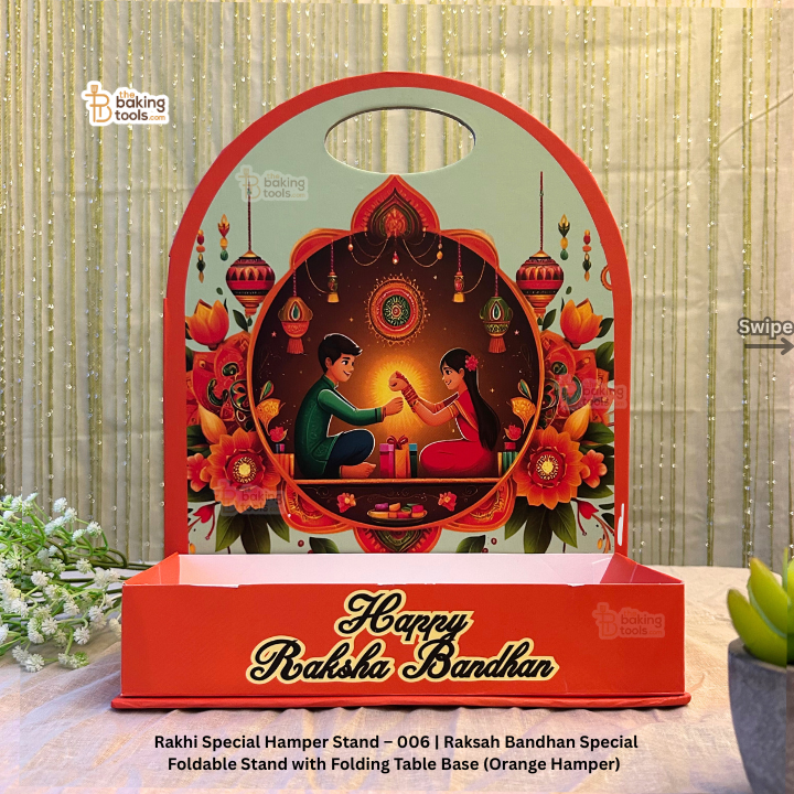 Decorative Raksha Bandhan hamper stand with illustrations of two people holding hands and flowers on a light background.