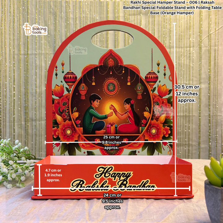 Decorative stand with illustrations of a couple holding hands, surrounded by flowers and text 'Happy Rakhi Bandhan'.