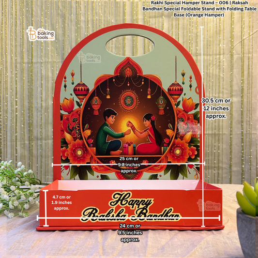 Decorative stand with illustrations of a couple holding hands, surrounded by flowers and text 'Happy Rakhi Bandhan'.