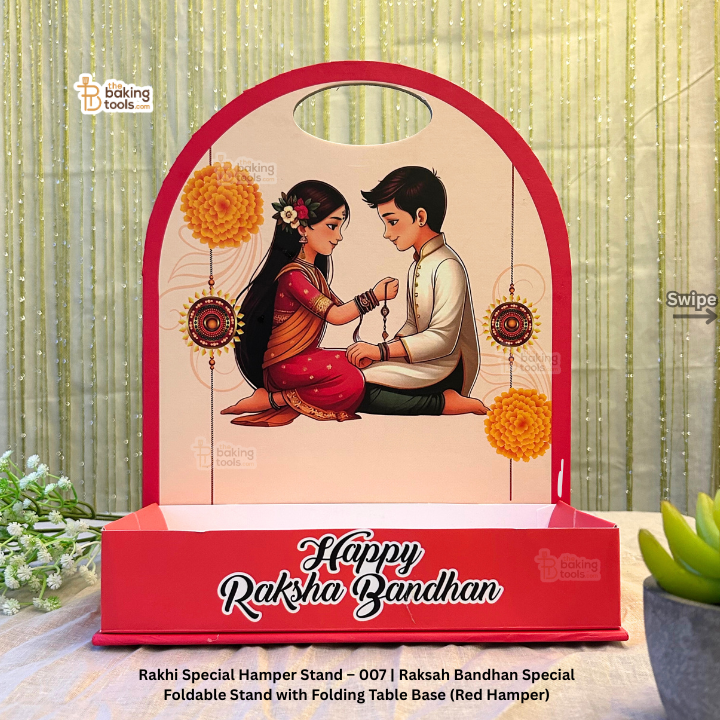 Decorative stand for Raksha Bandhan with illustrations of a couple and 'Happy Raksha Bandhan' text.