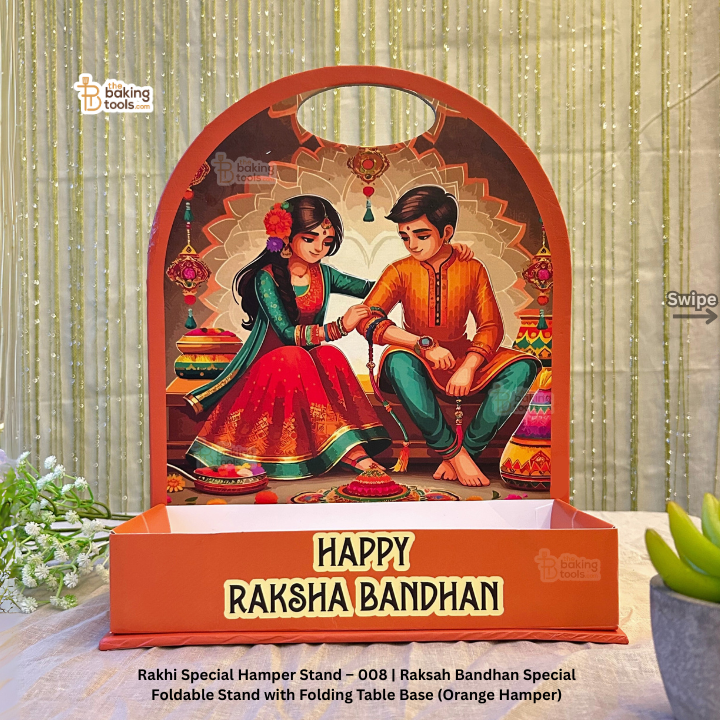 Decorative stand for Raksha Bandhan with traditional illustration of a couple, text 'Happy Raksha Bandhan', and 'Baking Tools' branding.