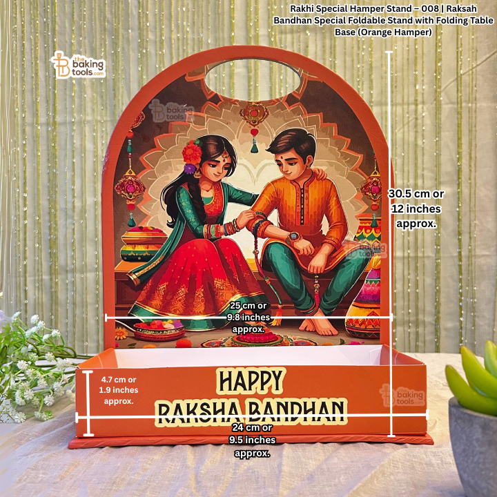 Rakhi Special Hamper Stand with illustrations of a couple and 'Happy Raksha Bandhan' text, on a neutral background.