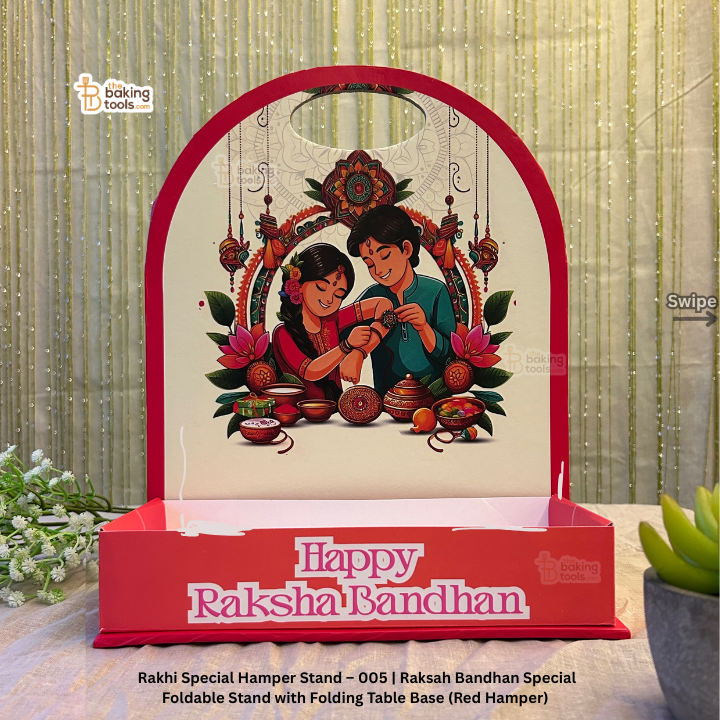 Rakhi Special Hamper Stand – 005 | Raksah Bandhan Special Foldable Stand with Folding Table Base (Red Hamper)