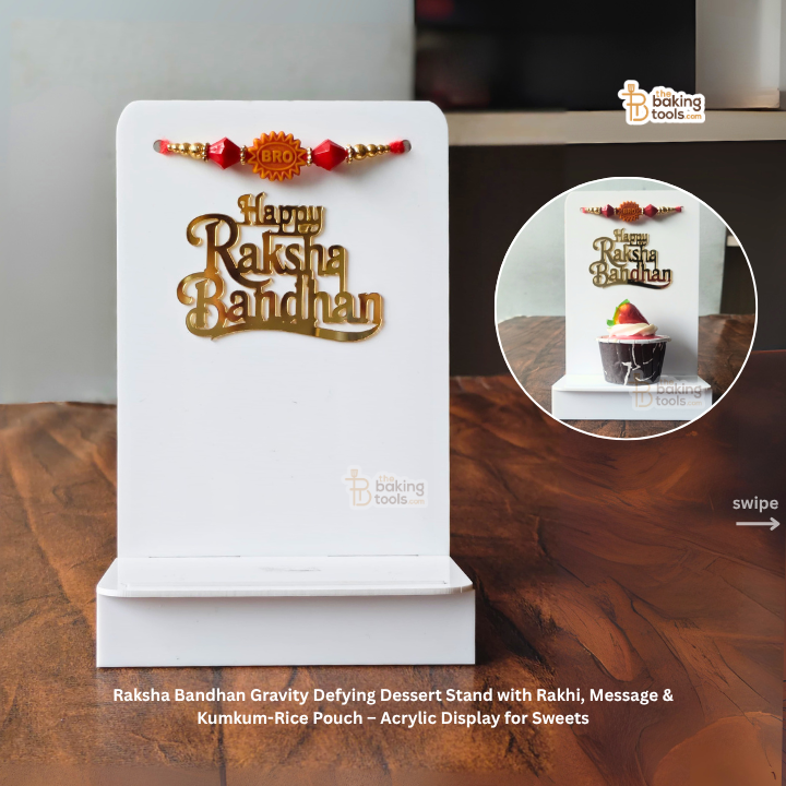 Raksha Bandhan Gravity Defying Dessert Stand with Rakhi, Message & Kumkum-Rice Pouch on a wooden surface.