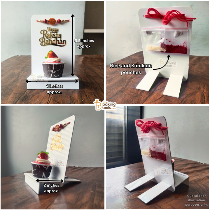 Collage of a white stand with decorative elements for Pakshe Bhandhan, showing measurements and product details.