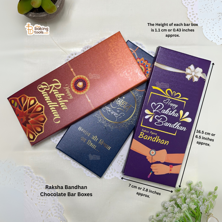 Raksha Bandhan chocolate bar boxes with measurements on a white background