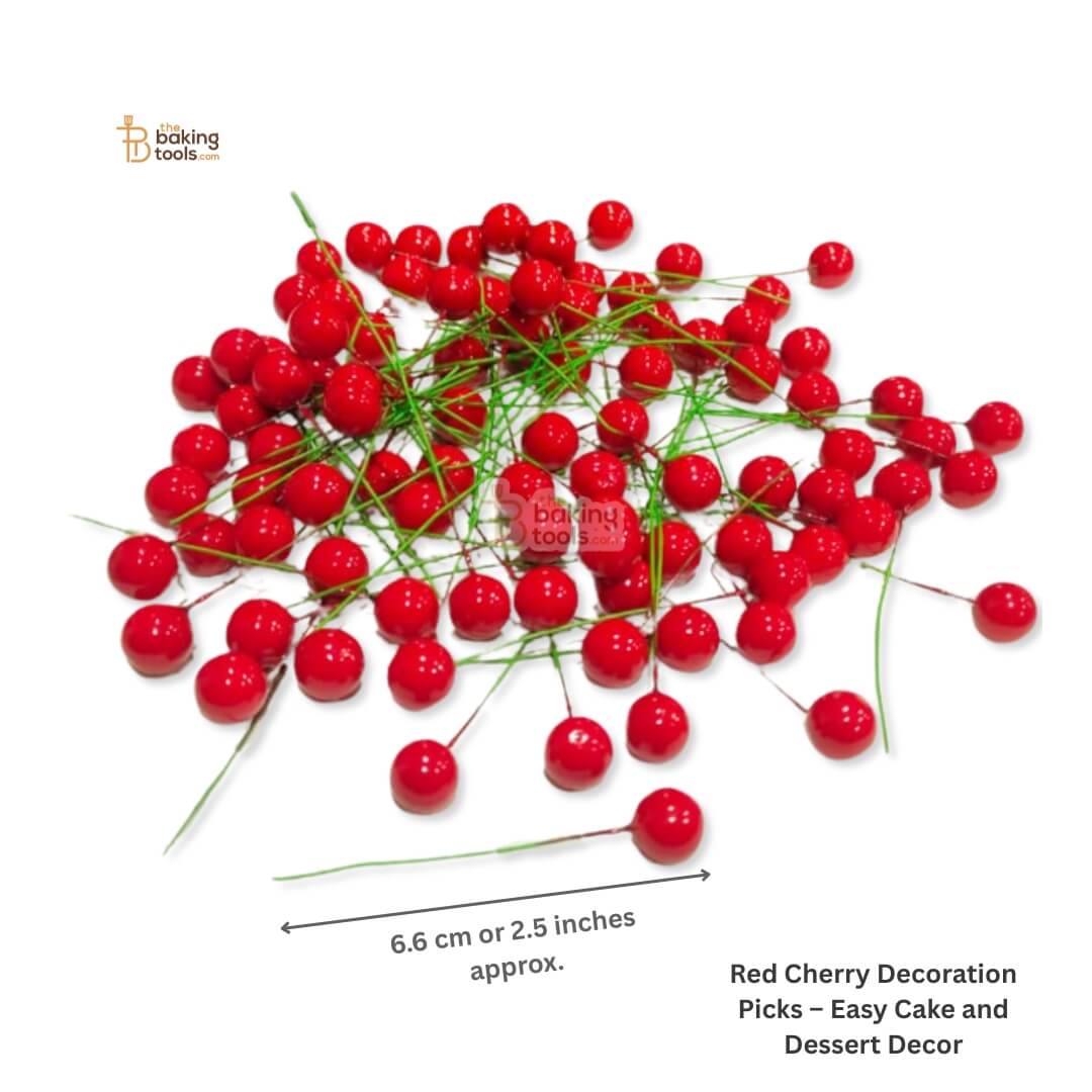 Red cherry decoration picks on a white background with measurement details.