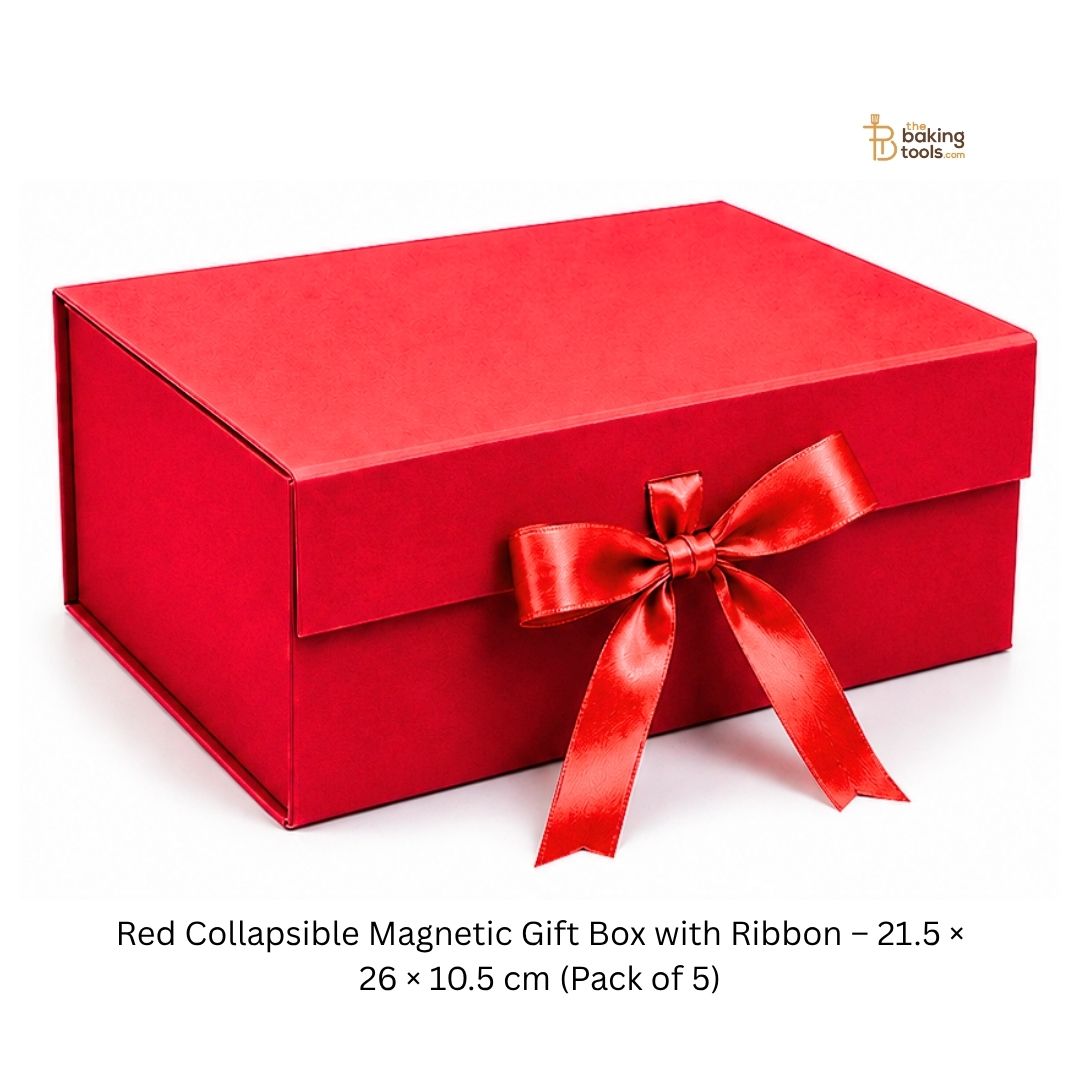 Red Collapsible Magnetic Gift Hamper Box with Ribbon – 21.5 × 26 × 10.5 cm (Pack of 5)