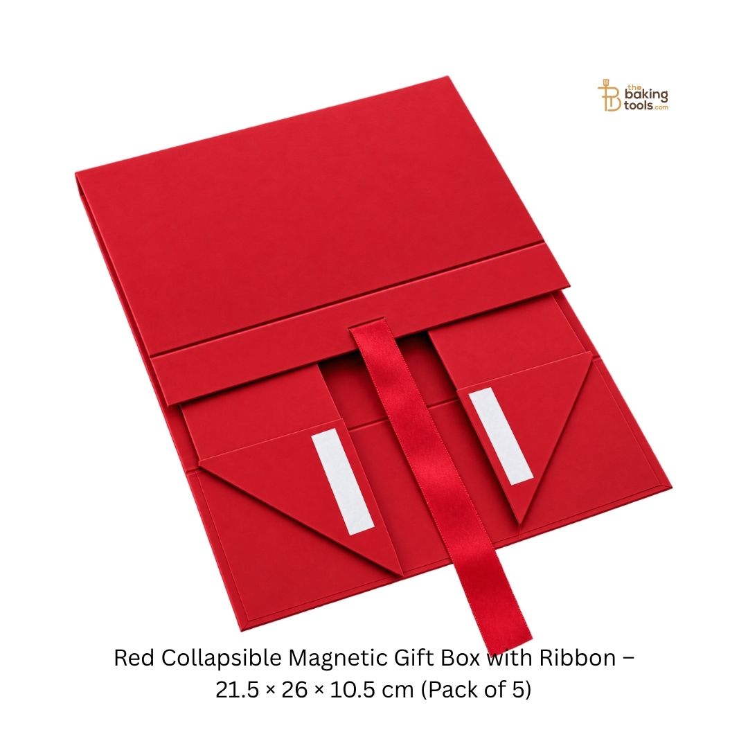 Red Collapsible Magnetic Gift Hamper Box with Ribbon – 21.5 × 26 × 10.5 cm (Pack of 5)