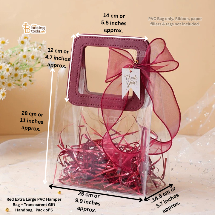 Clear PVC bag with pink ribbon and decorative tag, dimensions displayed.