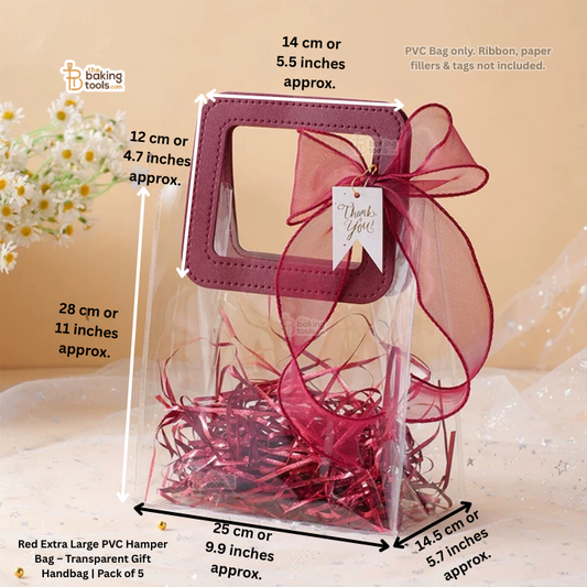 Clear PVC bag with pink ribbon and decorative tag, dimensions displayed.