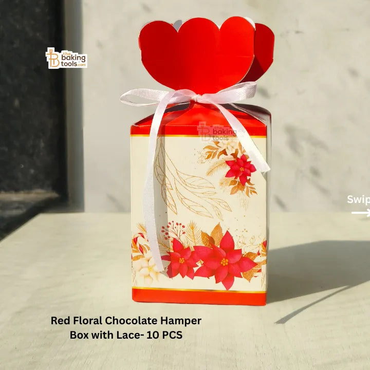 Red Floral Chocolate Hamper Box with Lace- 10 PCS # 1574-D - thebakingtools.com