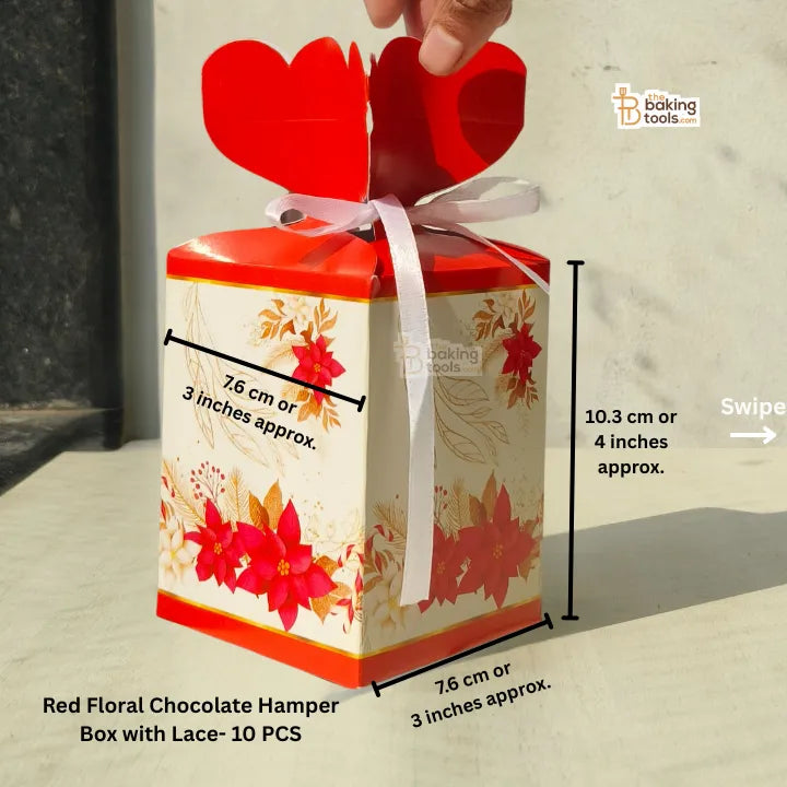 Red Floral Chocolate Hamper Box with Lace- 10 PCS # 1574-D - thebakingtools.com